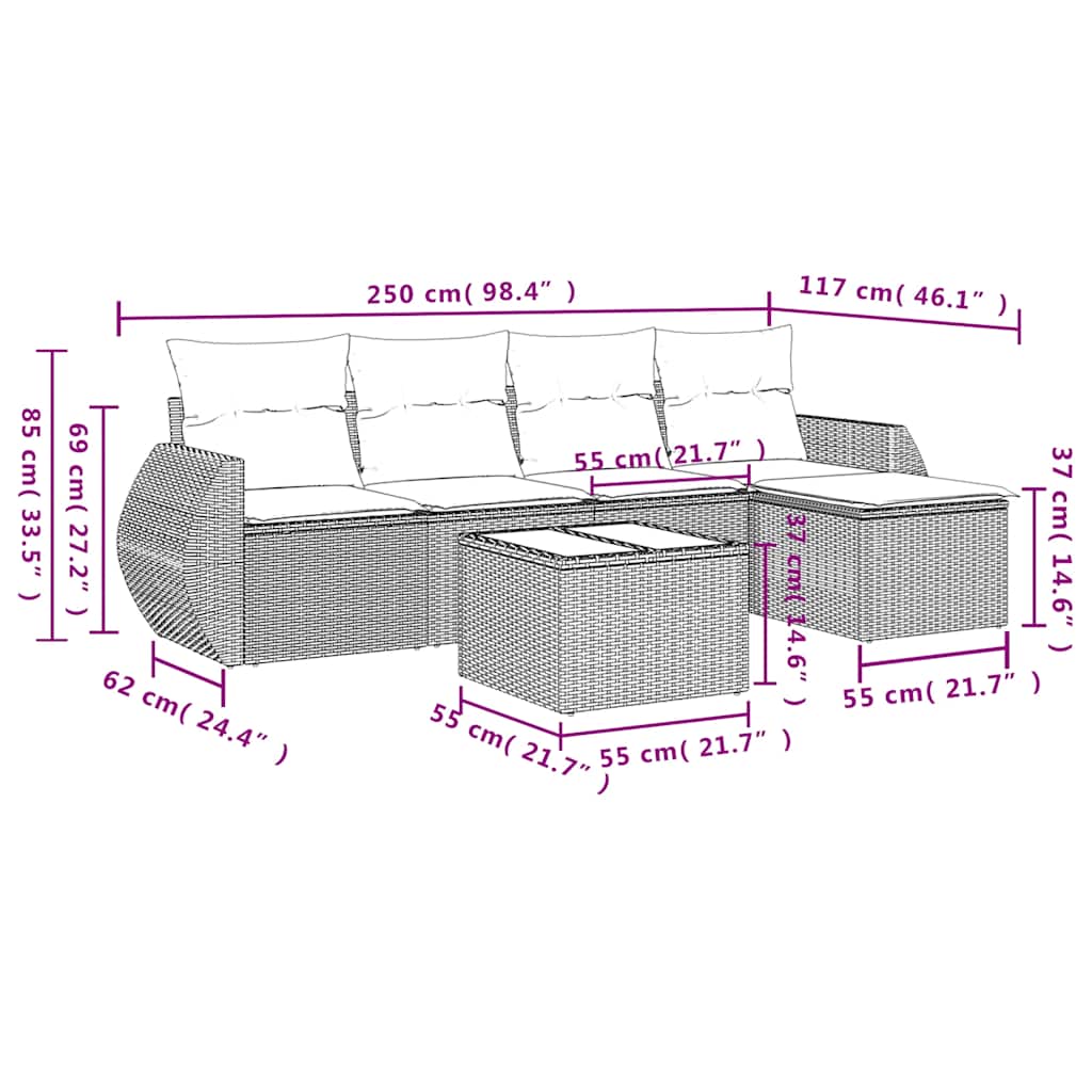Set Divani da Giardino 6 pz con Cuscini Nero in Polyrattan | homemem39