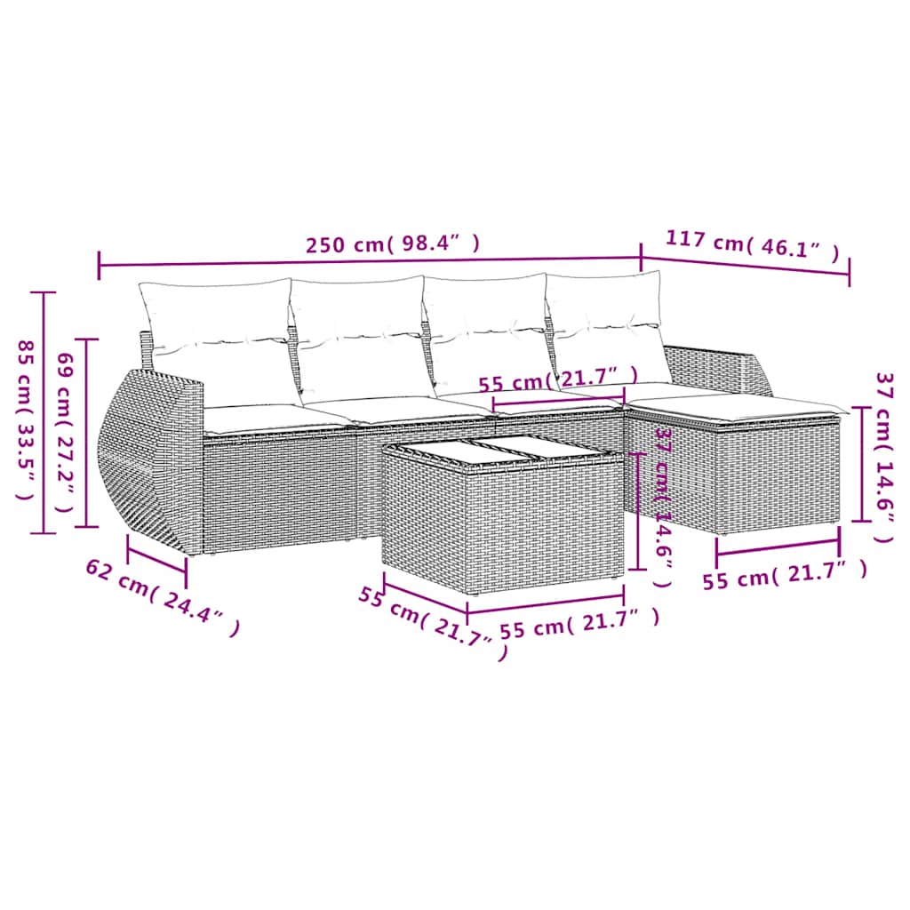 Set Divani da Giardino 6 pz con Cuscini Marrone in Polyrattan | homemem39
