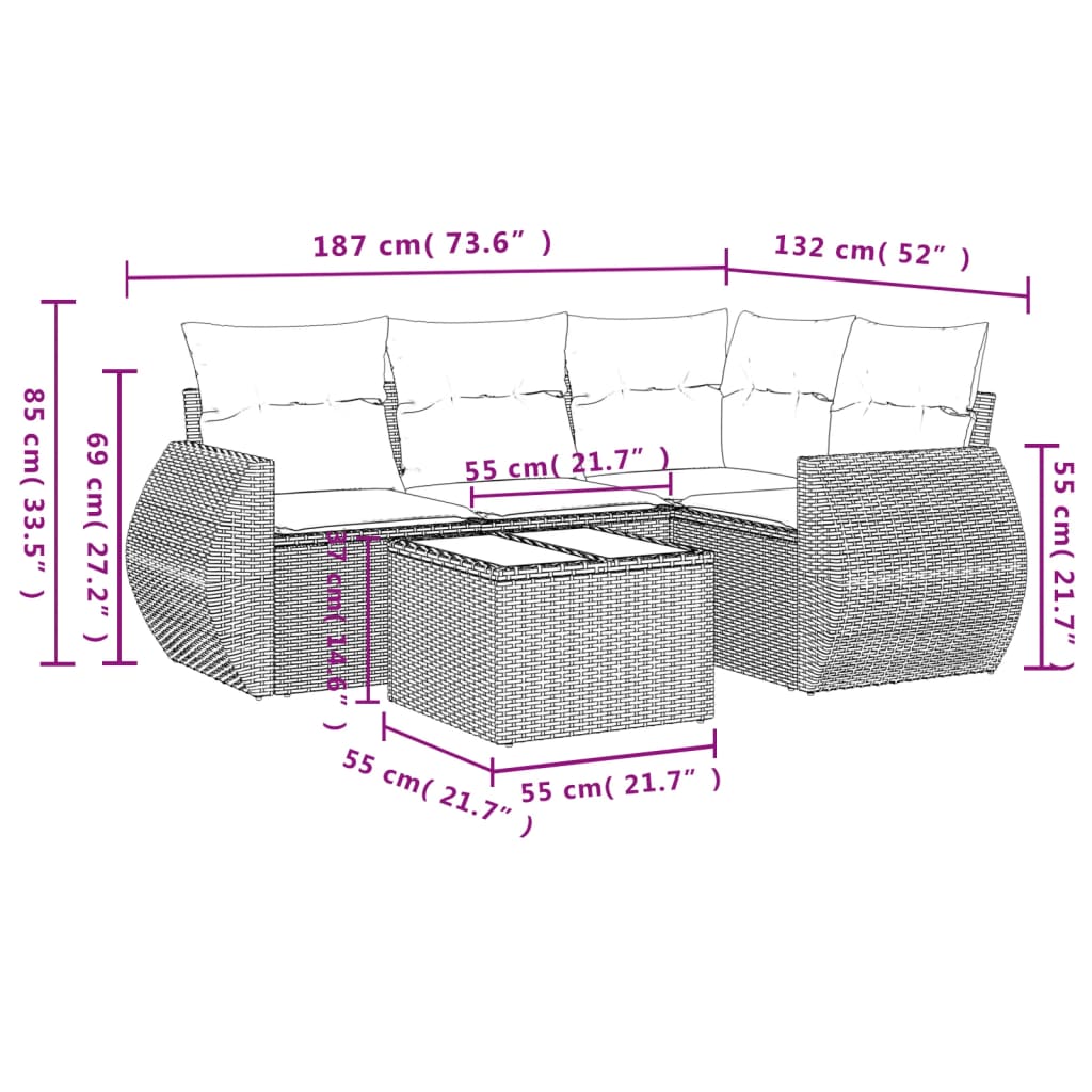 Set Divani da Giardino 5 pz con Cuscini Grigio in Polyrattan | homemem39
