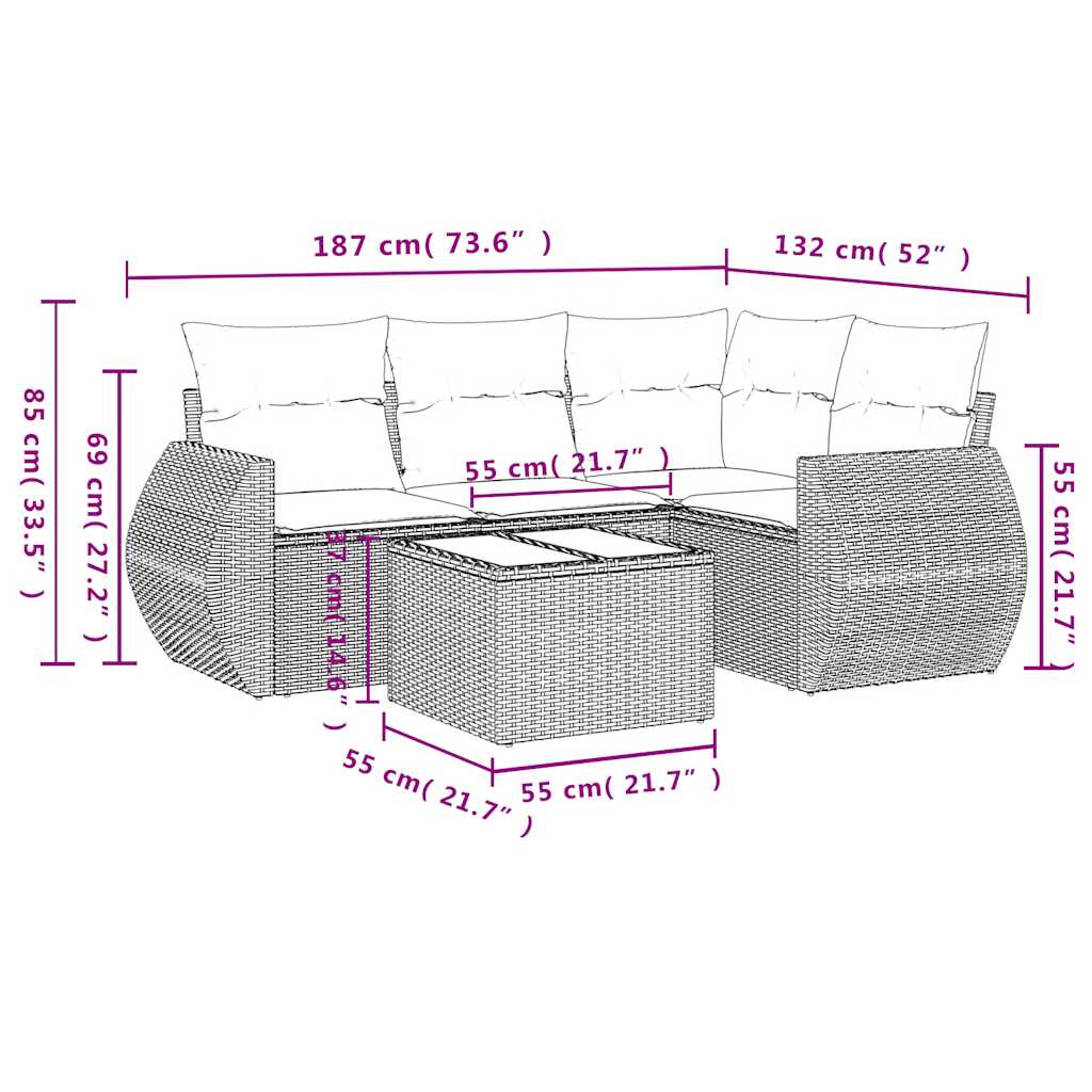 Set Divano da Giardino 5pz con Cuscini Grigio Chiaro Polyrattan | homemem39