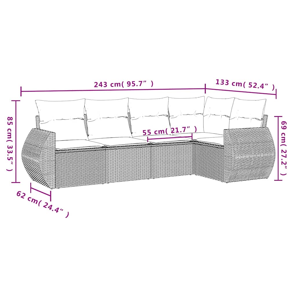 Set Divano da Giardino 5pz con Cuscini Grigio Chiaro Polyrattan | homemem39