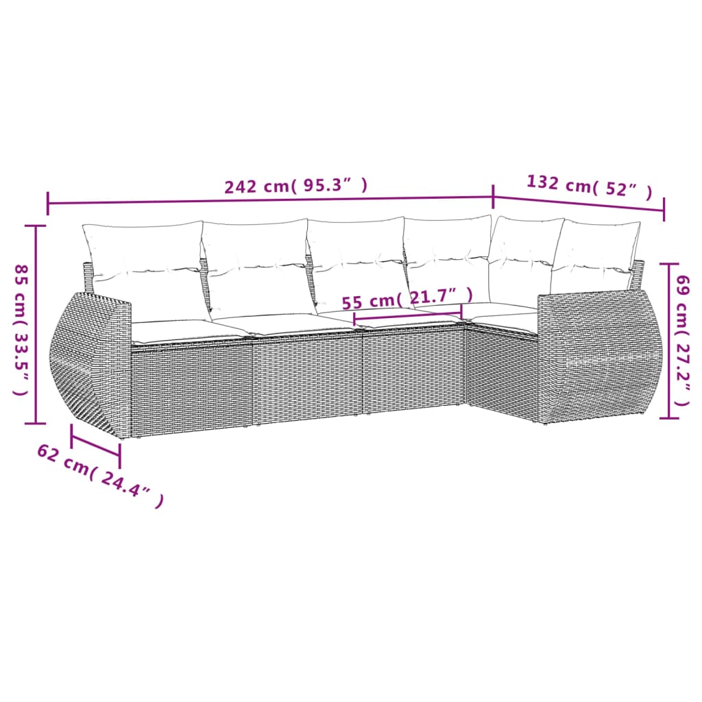 Set Divani da Giardino 5 pz con Cuscini Marrone in Polyrattan | homemem39