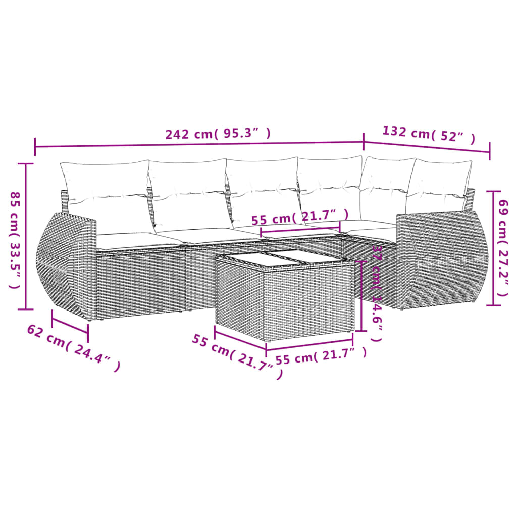 Set Divano da Giardino 6 pz con Cuscini Grigio in Polyrattan - homemem39