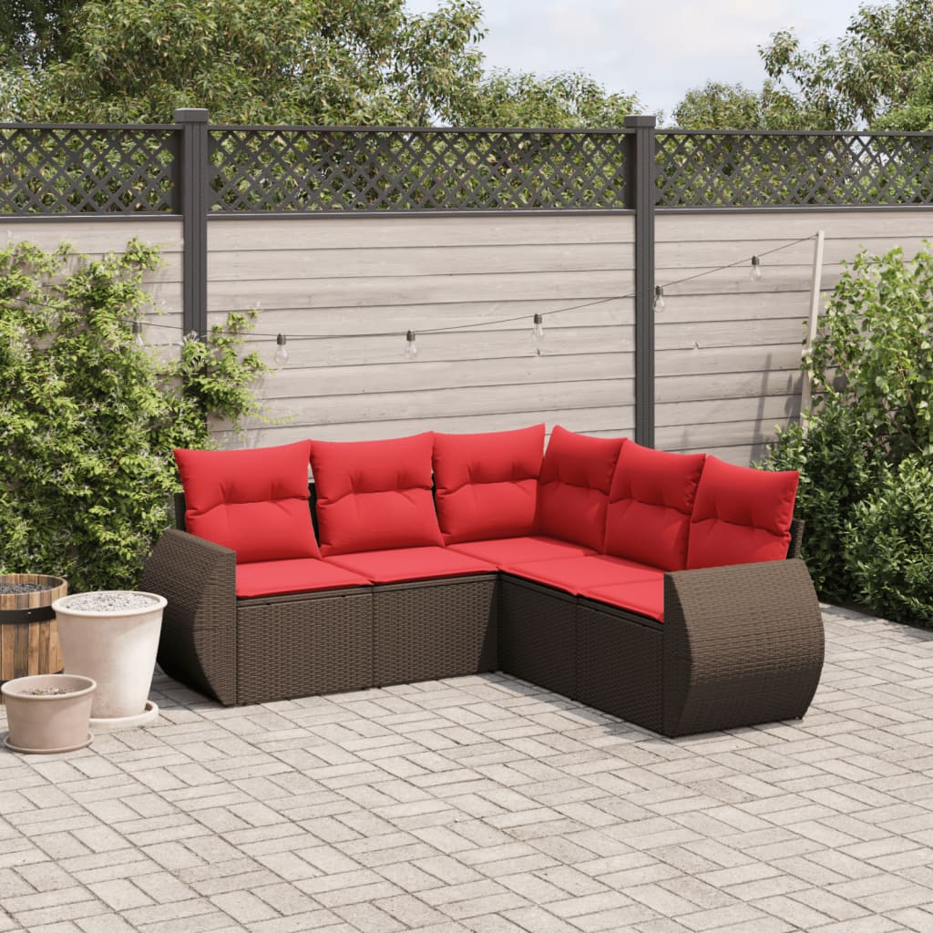 Set Divani da Giardino 5 pz con Cuscini Marrone in Polyrattan