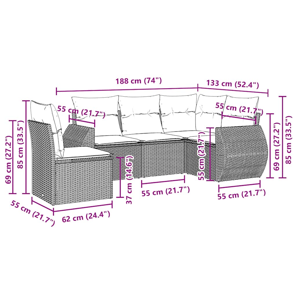 Set Divano da Giardino 5pz con Cuscini Grigio Chiaro Polyrattan | homemem39