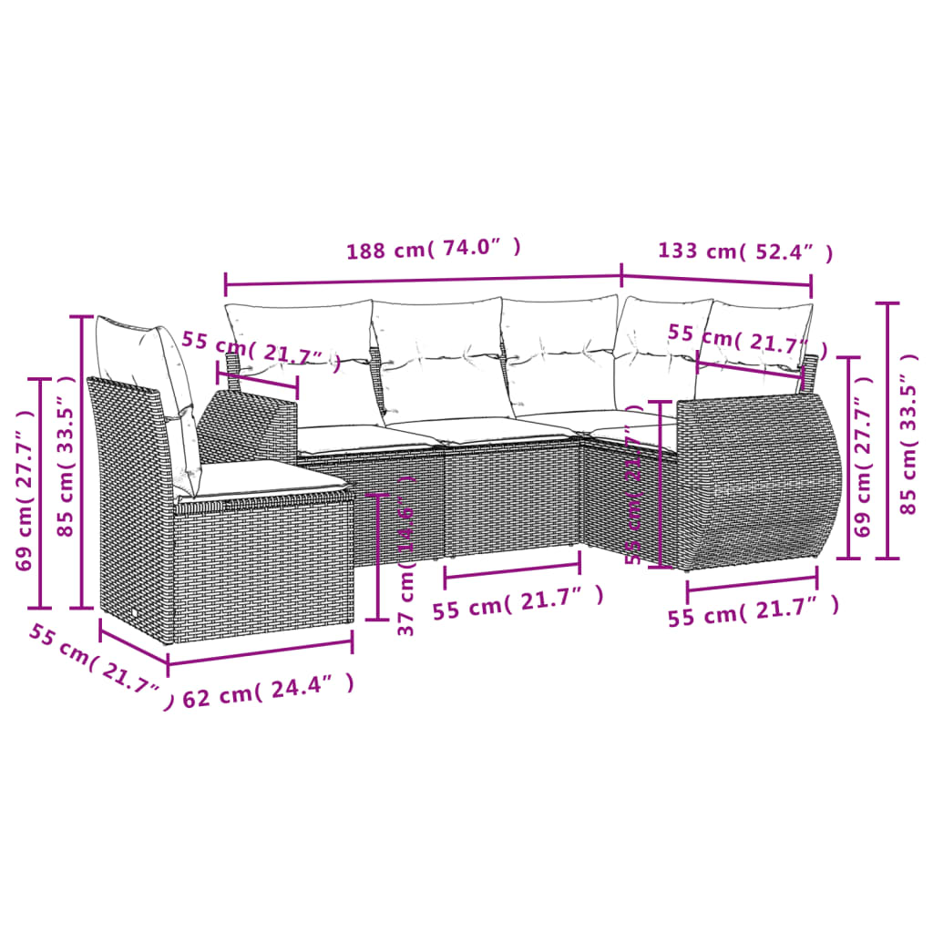 Set Divano da Giardino 5 pz con Cuscini Marrone in Polyrattan | homemem39