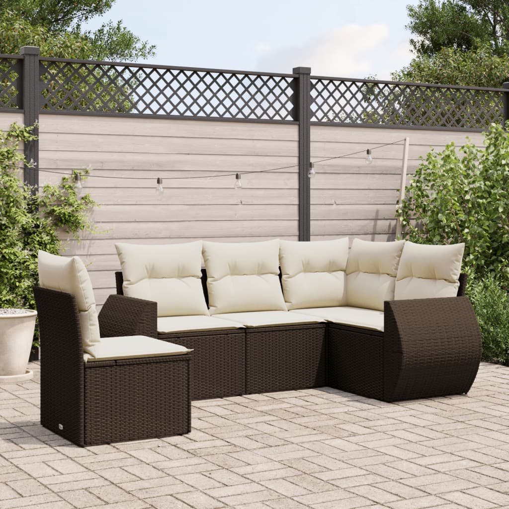Set Divano da Giardino 5 pz con Cuscini Marrone in Polyrattan - homemem39