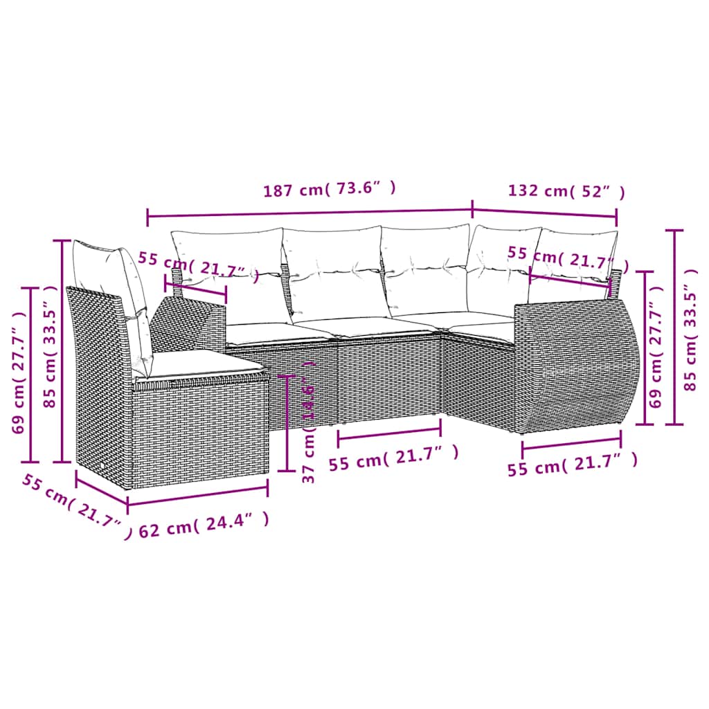 Set Divani da Giardino 5 pz con Cuscini Marrone in Polyrattan | homemem39