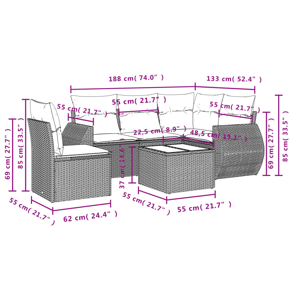 Set Divano da Giardino 6 pz con Cuscini Marrone in Polyrattan | homemem39