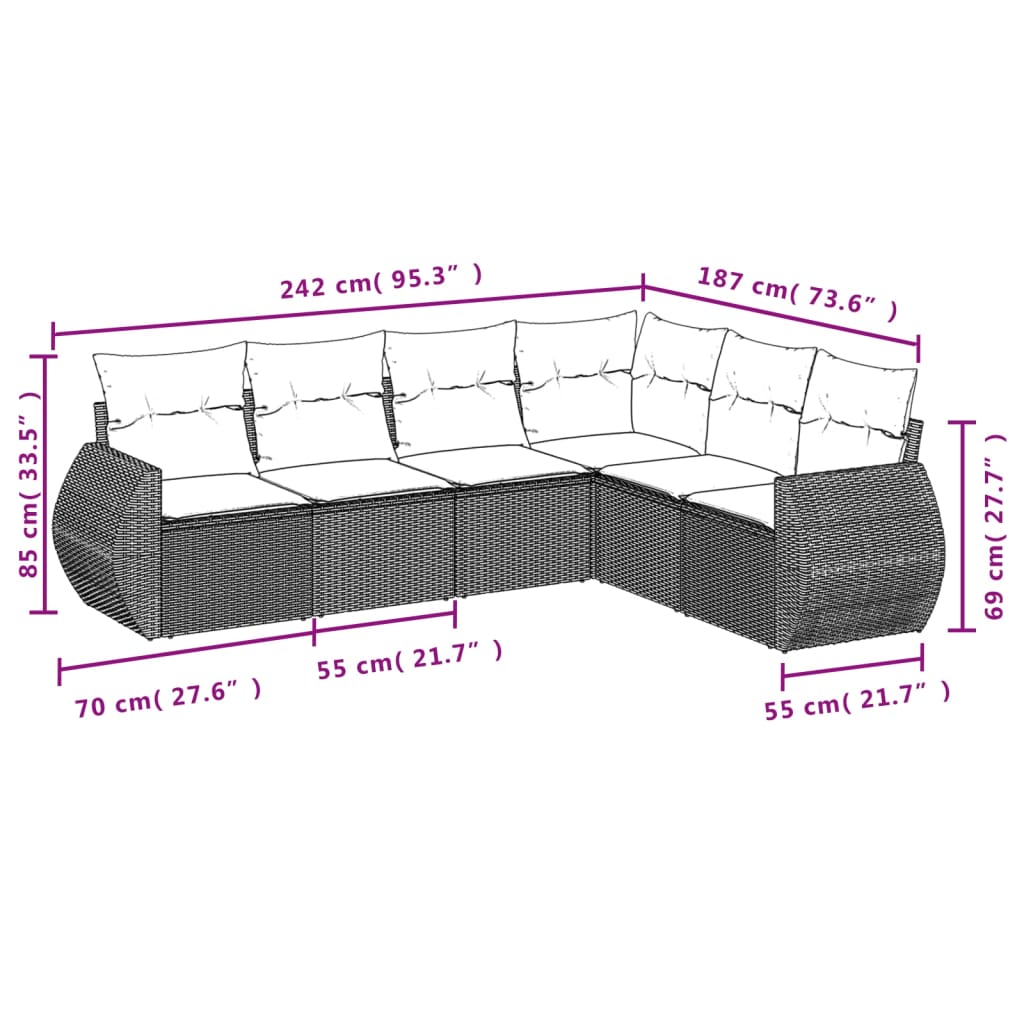 Set Divano da Giardino 6 pz con Cuscini Grigio in Polyrattan | homemem39