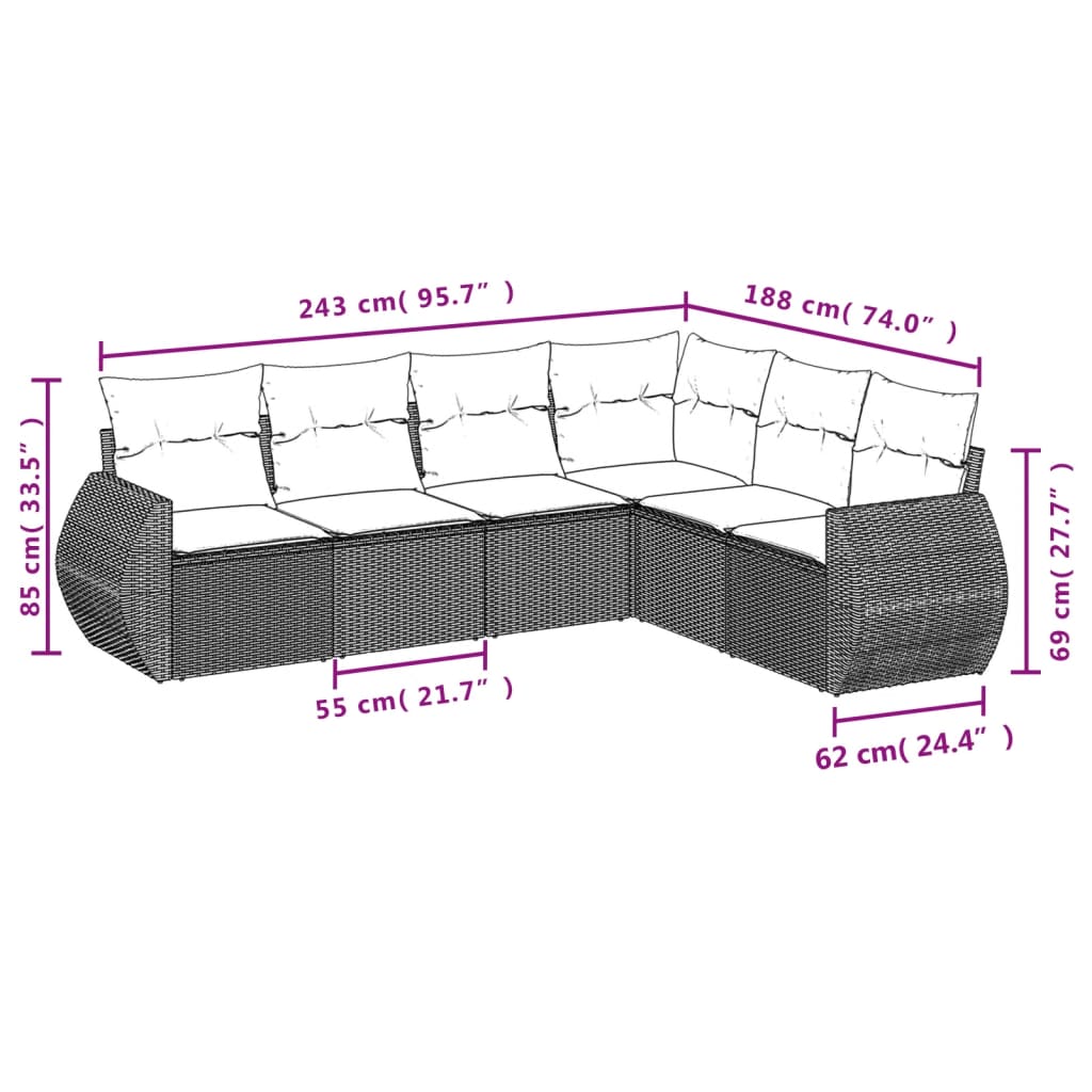 Set Divano da Giardino 6 pz con Cuscini Marrone in Polyrattan - homemem39