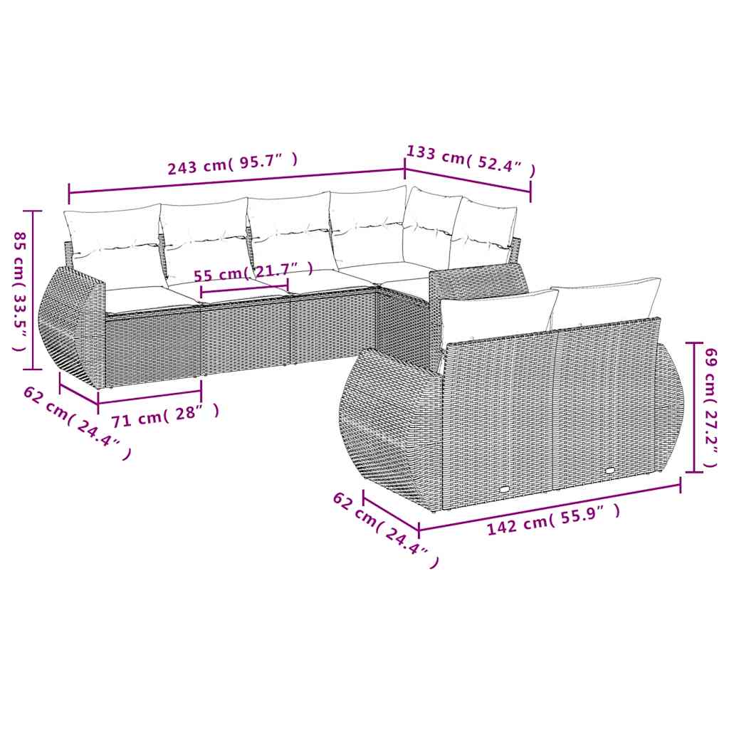 Set Divani da Giardino 7 pz con Cuscini Grigio in Polyrattan | homemem39