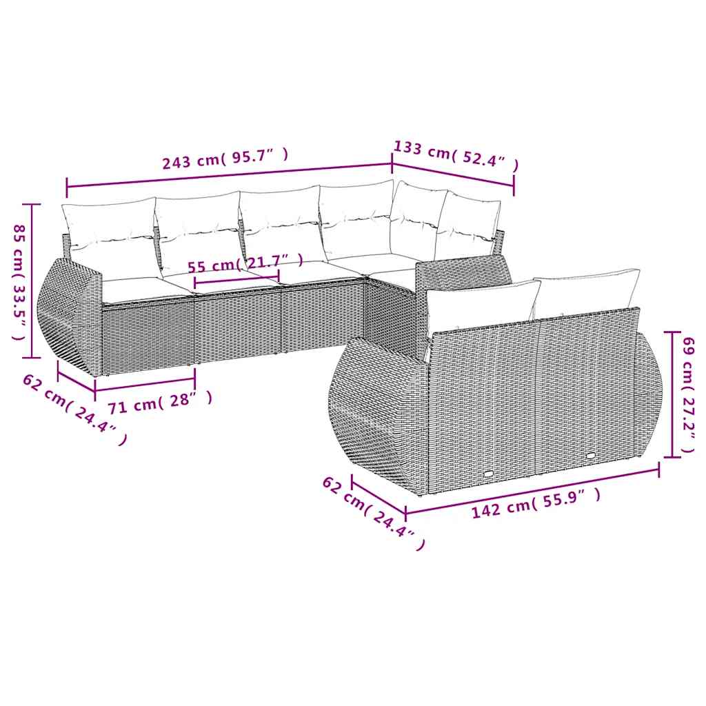 Set Divani da Giardino 7pz con Cuscini Grigio Chiaro Polyrattan