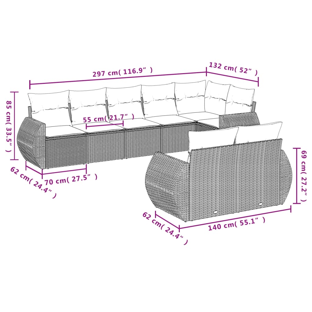 Set Divano da Giardino 8 pz con Cuscini Grigio in Polyrattan - homemem39