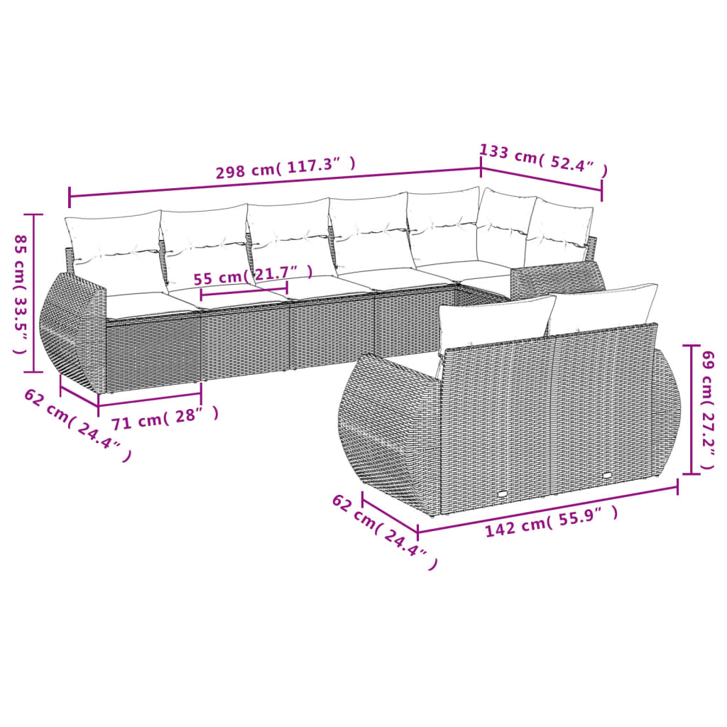 Set Divani da Giardino 8 pz con Cuscini Marrone in Polyrattan | homemem39
