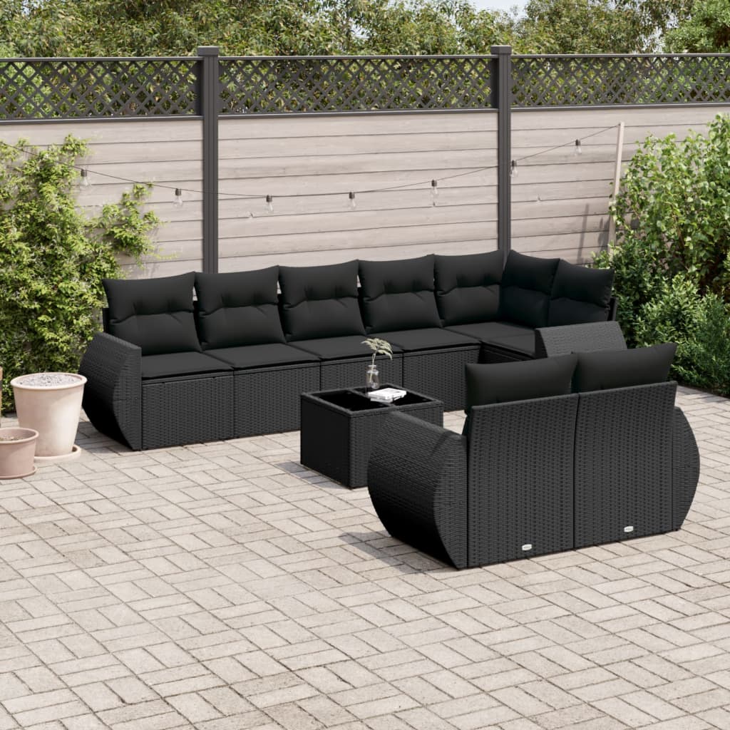 Set Divani da Giardino 9 pz con Cuscini Nero in Polyrattan - homemem39