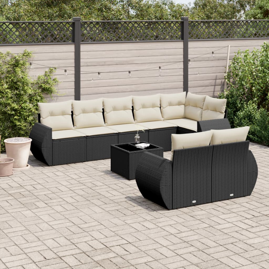 Set Divani da Giardino 9 pz con Cuscini Nero in Polyrattan - homemem39