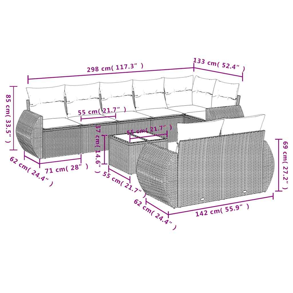 Set Divani da Giardino 9 pz con Cuscini Nero in Polyrattan | homemem39