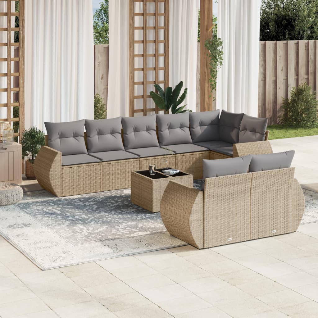 Set Divano da Giardino 9 pz con Cuscini Beige in Polyrattan - homemem39