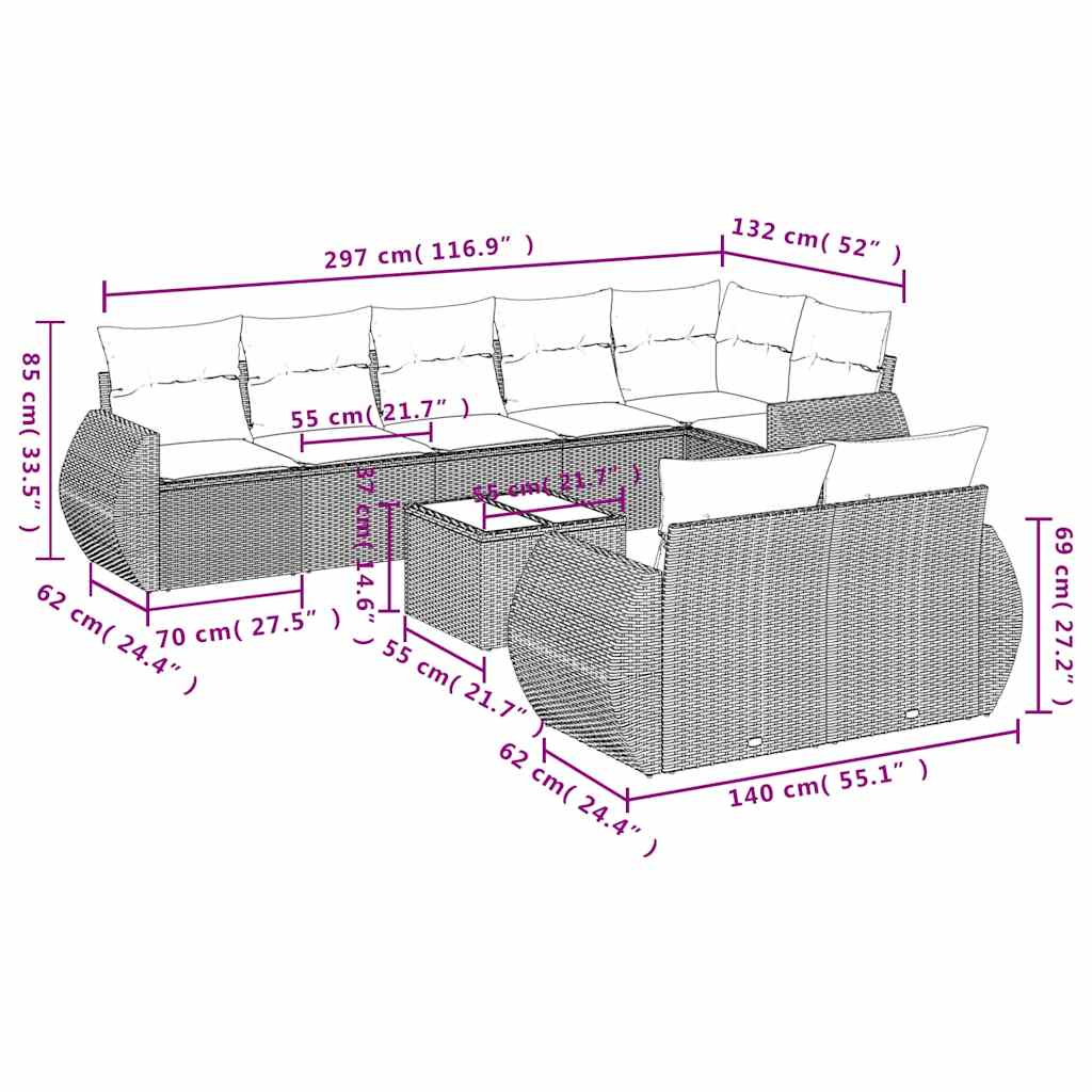 Set Divano da Giardino 9pz con Cuscini Grigio Chiaro Polyrattan