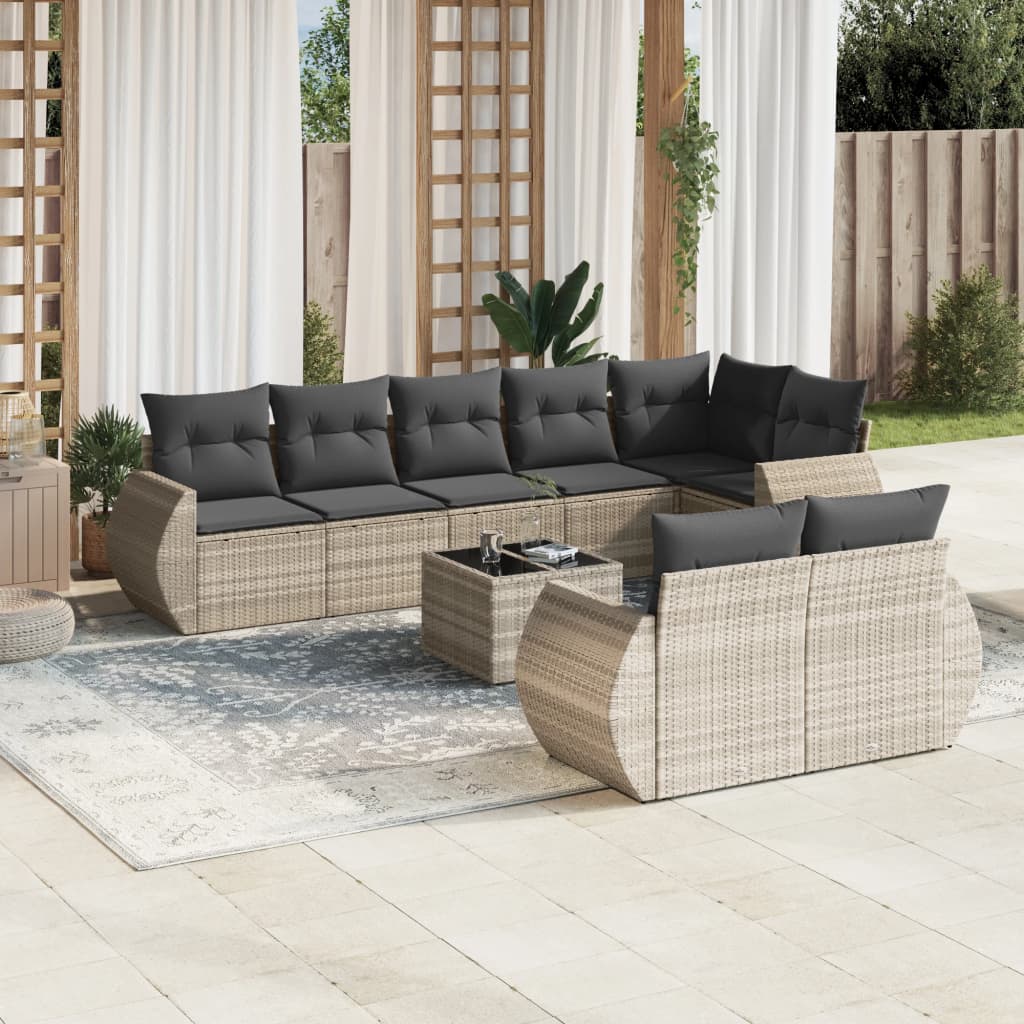 Set Divano da Giardino 9pz con Cuscini Grigio Chiaro Polyrattan - homemem39