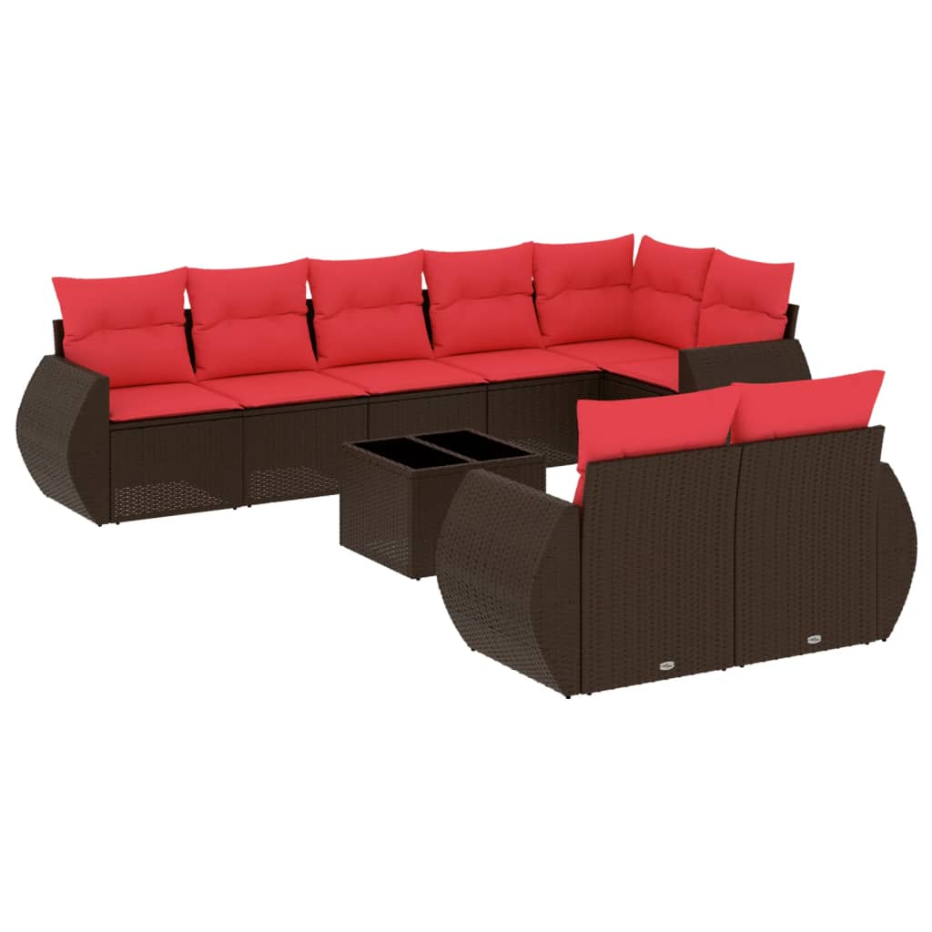 Set Divani da Giardino 9 pz con Cuscini Marrone in Polyrattan