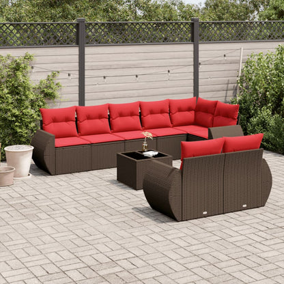 Set Divani da Giardino 9 pz con Cuscini Marrone in Polyrattan