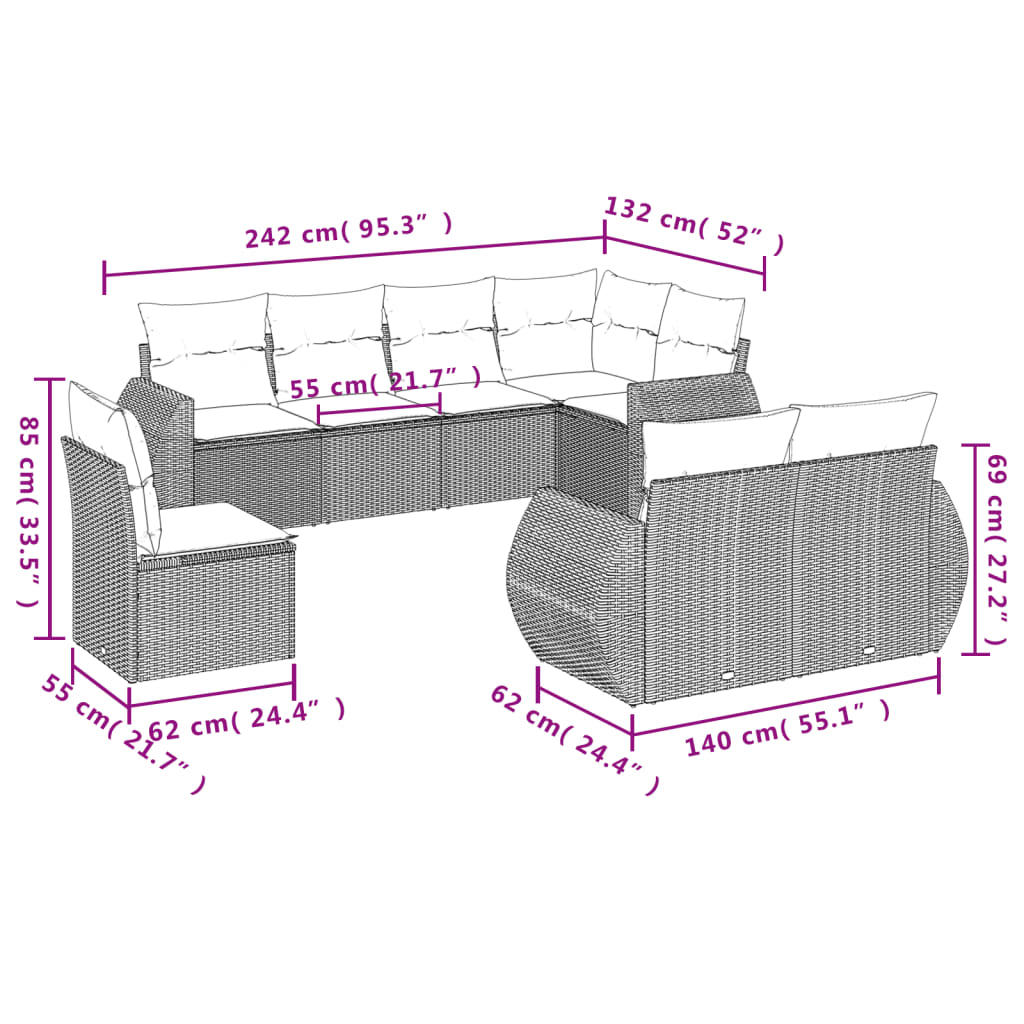 Set Divani da Giardino con Cuscini 8 pz Nero in Polyrattan - homemem39