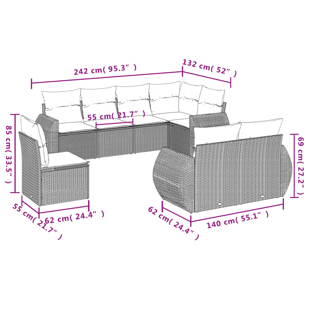 Set Divani da Giardino 8 pz con Cuscini Grigio in Polyrattan | homemem39