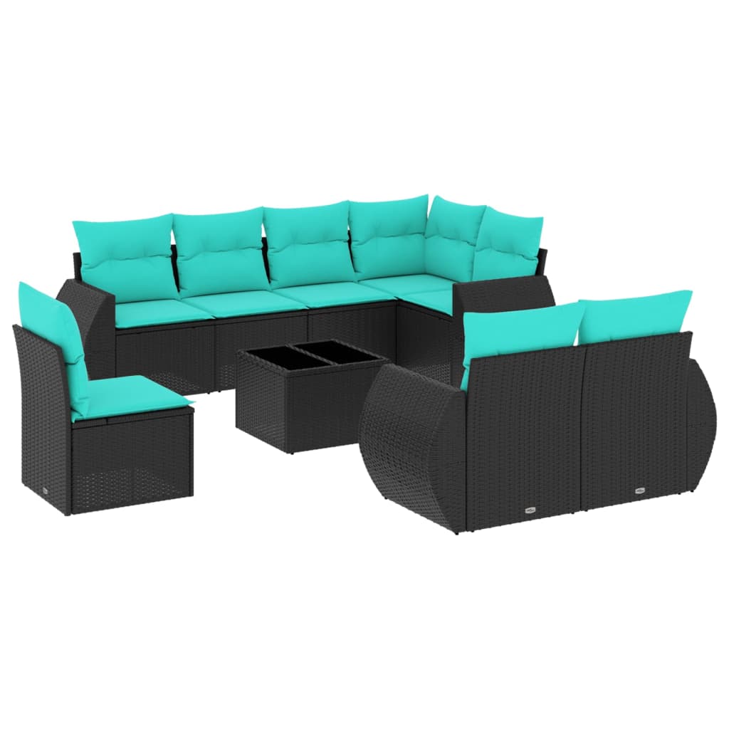 Set Divani da Giardino 9 pz con Cuscini Nero in Polyrattan | homemem39