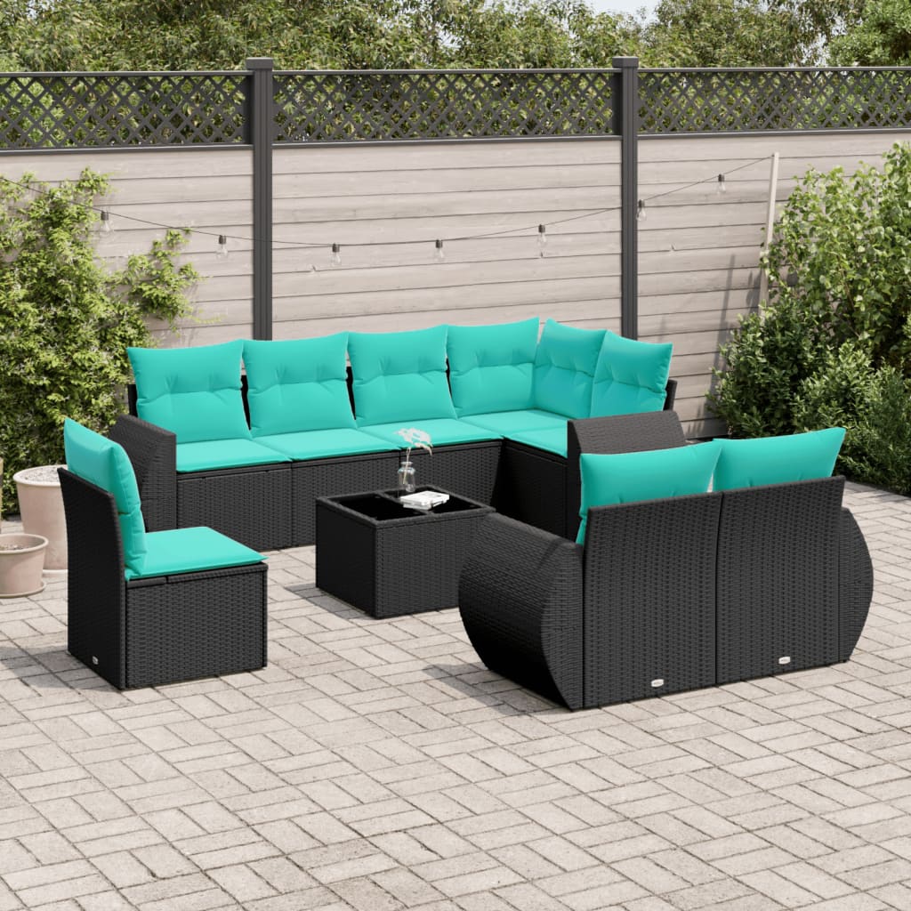 Set Divani da Giardino 9 pz con Cuscini Nero in Polyrattan