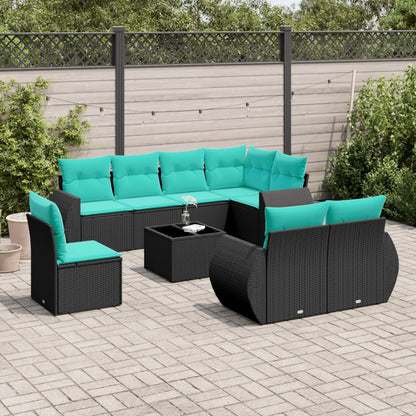 Set Divani da Giardino 9 pz con Cuscini Nero in Polyrattan