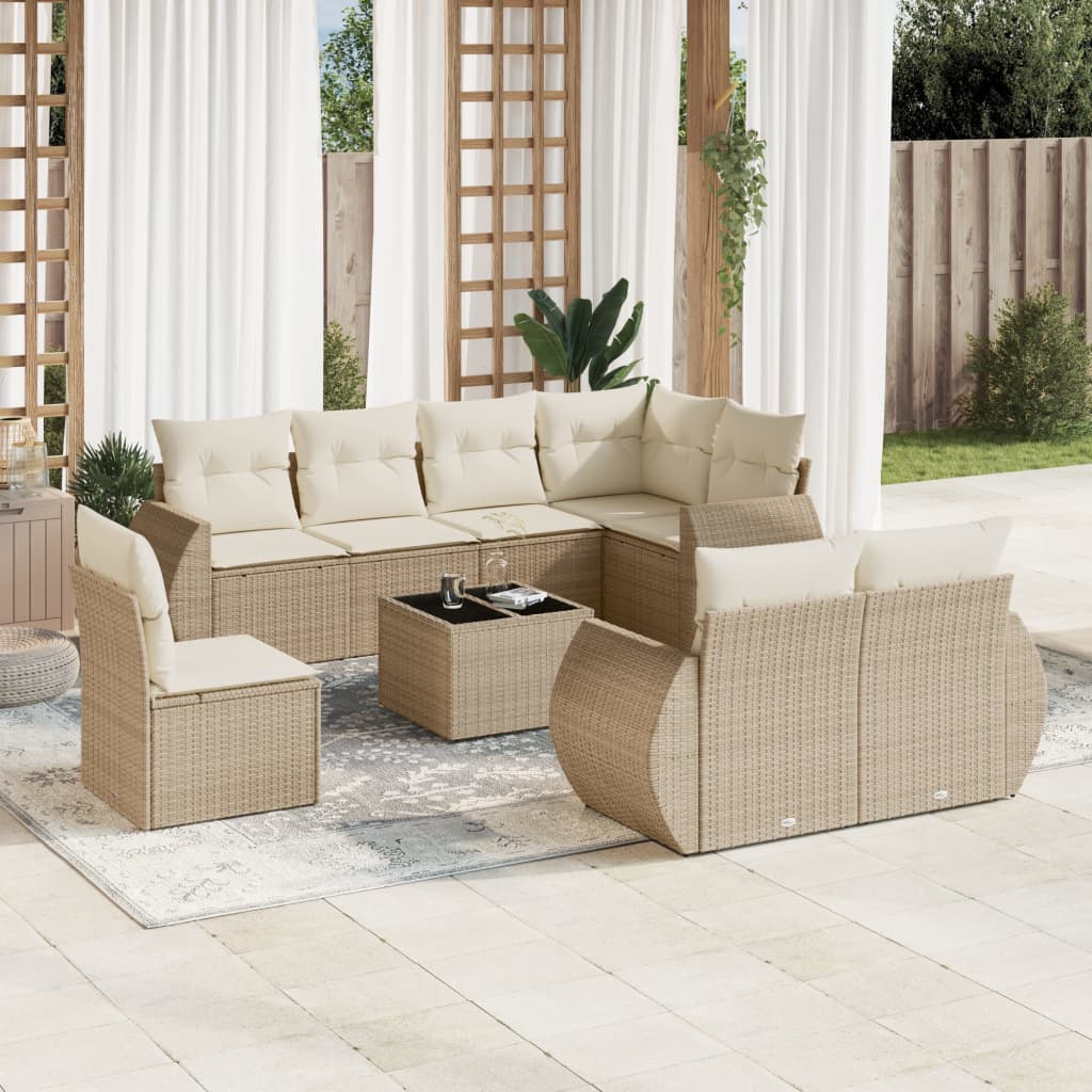 Set Divano da Giardino 9 pz con Cuscini Beige in Polyrattan - homemem39