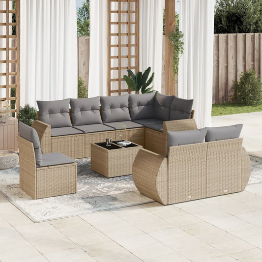 Set Divano da Giardino 9 pz con Cuscini Beige in Polyrattan - homemem39