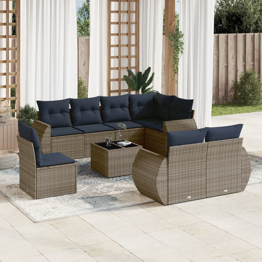 Set Divani da Giardino 9 pz con Cuscini Grigio in Polyrattan | homemem39