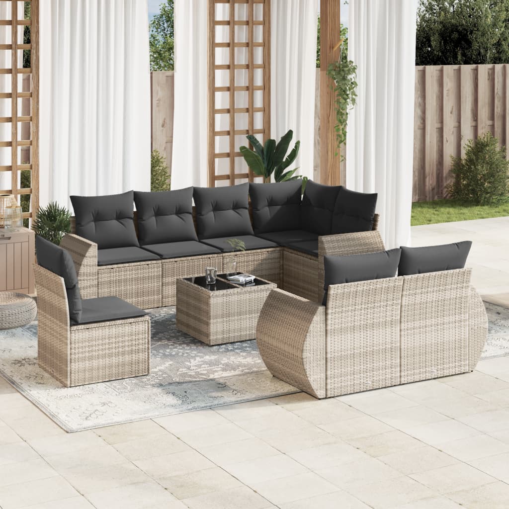 Set Divano da Giardino 9pz con Cuscini Grigio Chiaro Polyrattan - homemem39