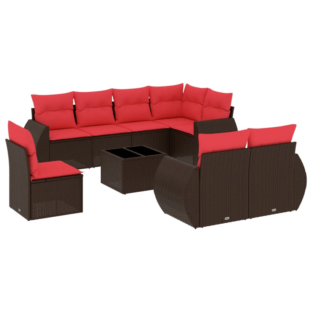 Set Divani da Giardino 9 pz con Cuscini Marrone in Polyrattan