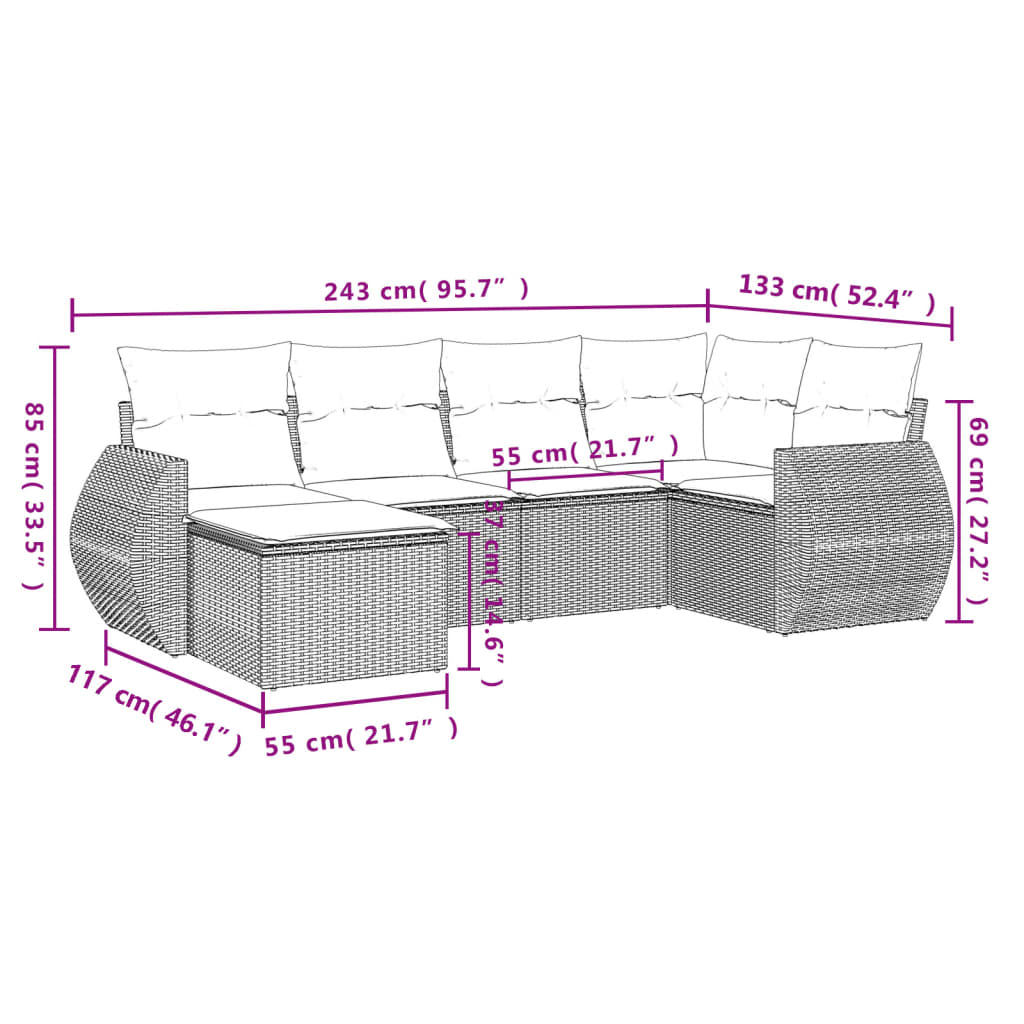 Set Divani da Giardino 6 pz con Cuscini Grigio in Polyrattan | homemem39