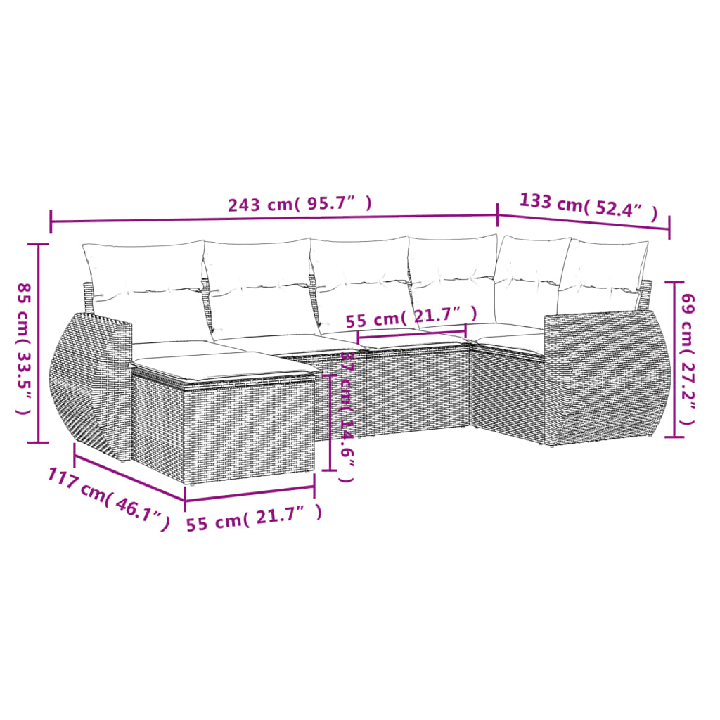 Set Divani da Giardino 6 pz con Cuscini Marrone in Polyrattan
