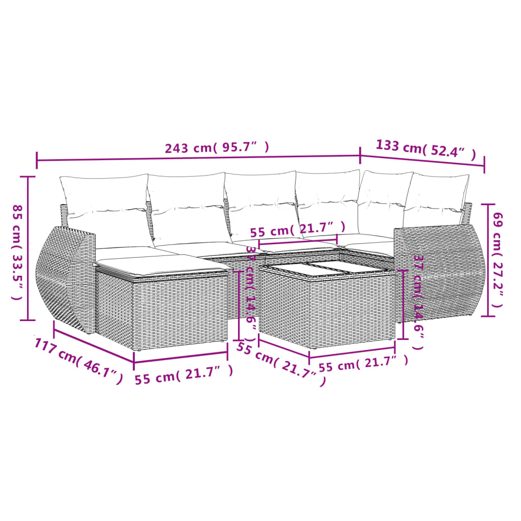 Set Divani da Giardino 7 pz con Cuscini Beige in Polyrattan - homemem39