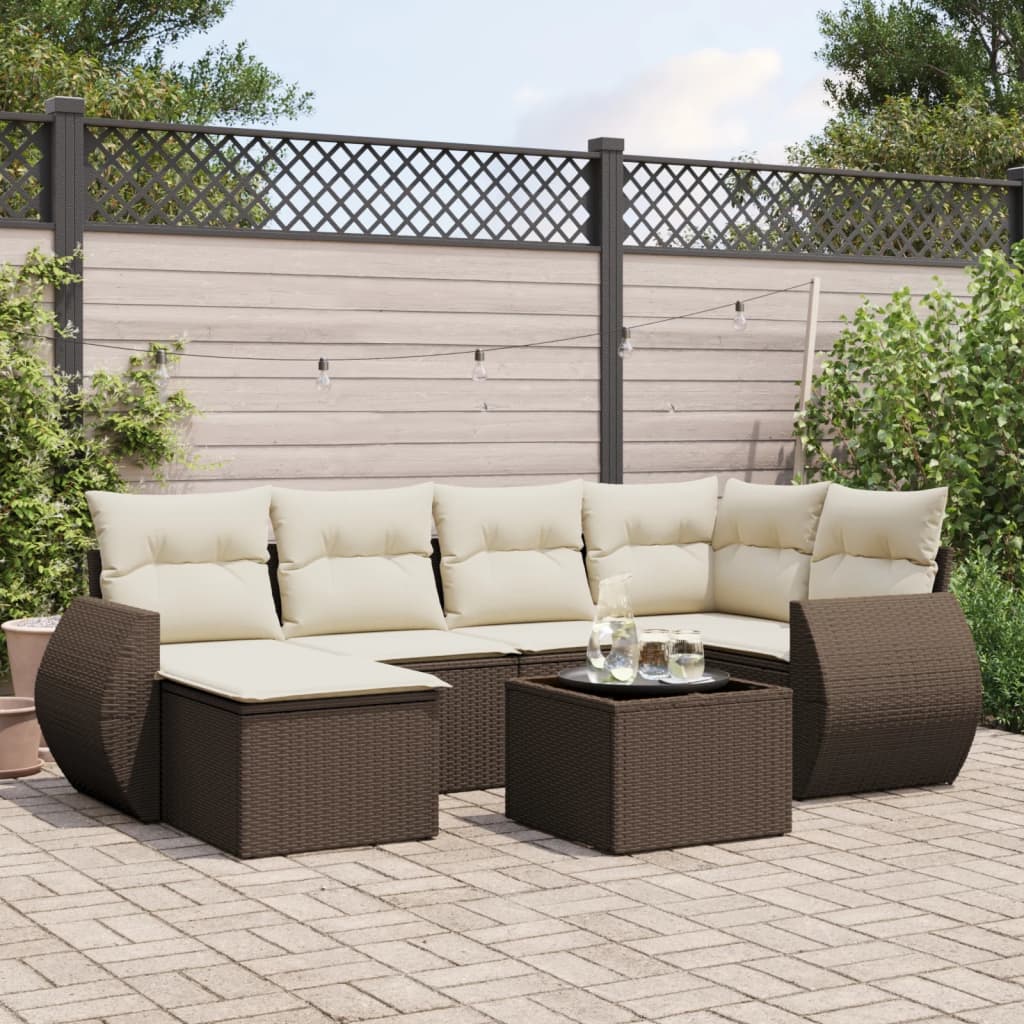 Set Divani da Giardino 7 pz con Cuscini Marrone in Polyrattan