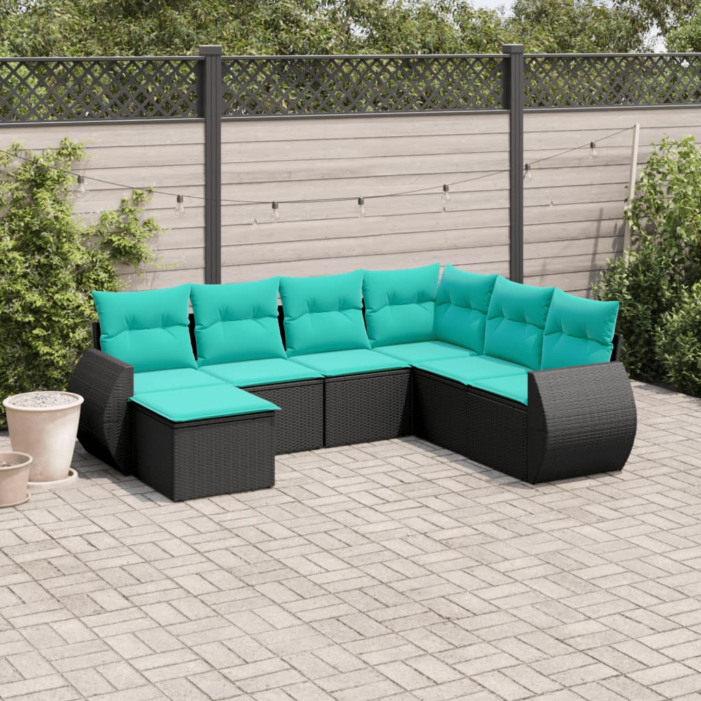 Set Divani da Giardino 7 pz con Cuscini Nero in Polyrattan