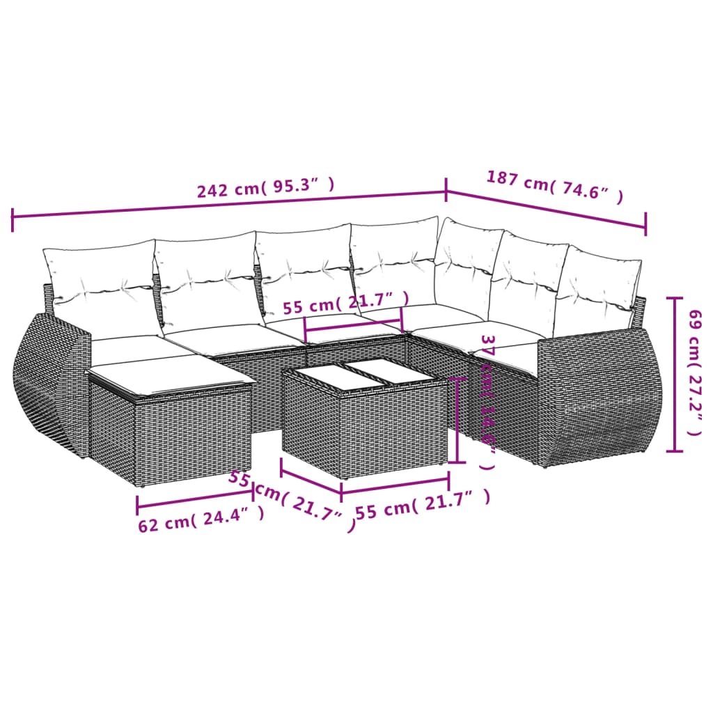 Set Divano da Giardino 8 pz con Cuscini Grigio in Polyrattan - homemem39