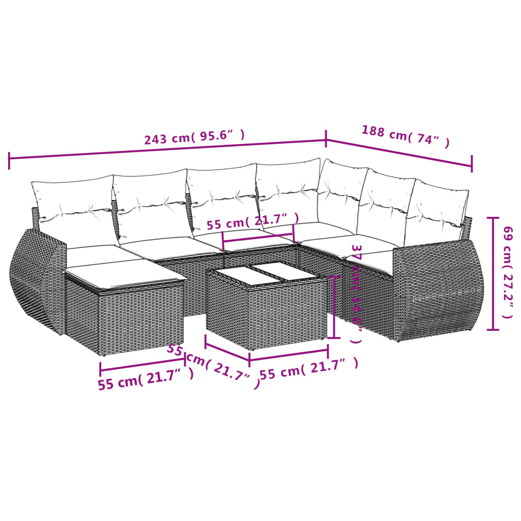 Set Divano da Giardino 8pz con Cuscini Grigio Chiaro Polyrattan - homemem39