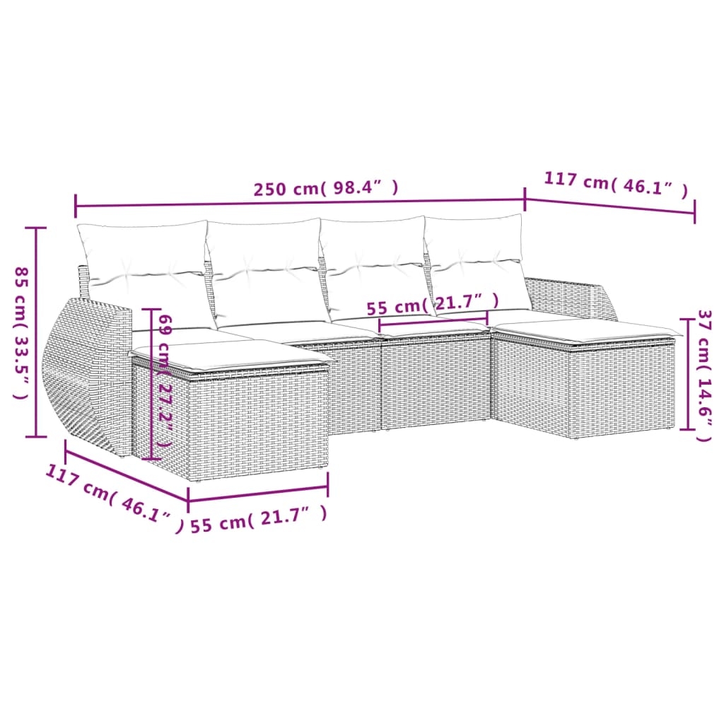 Set Divano da Giardino 6 pz con Cuscini Beige in Polyrattan - homemem39