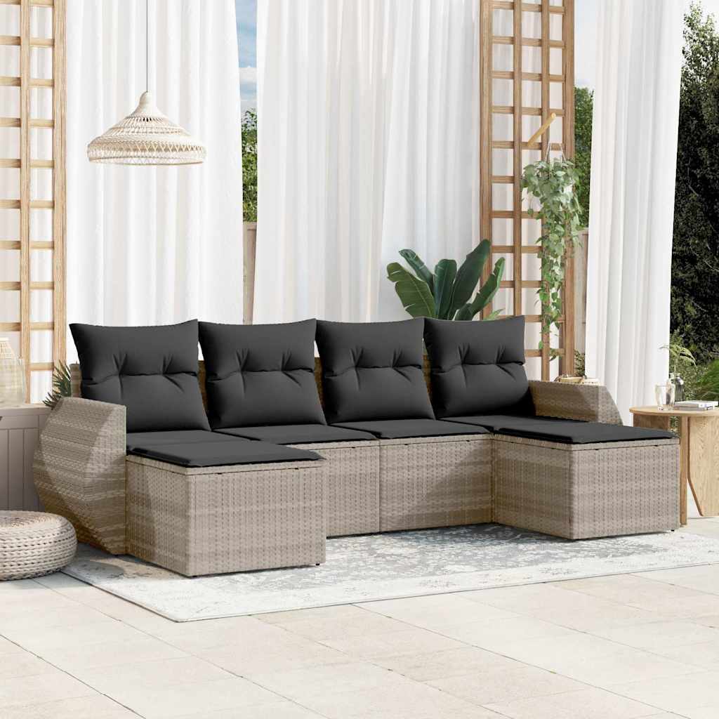 Set Divano da Giardino 6pz con Cuscini grigio chiaro Polyrattan