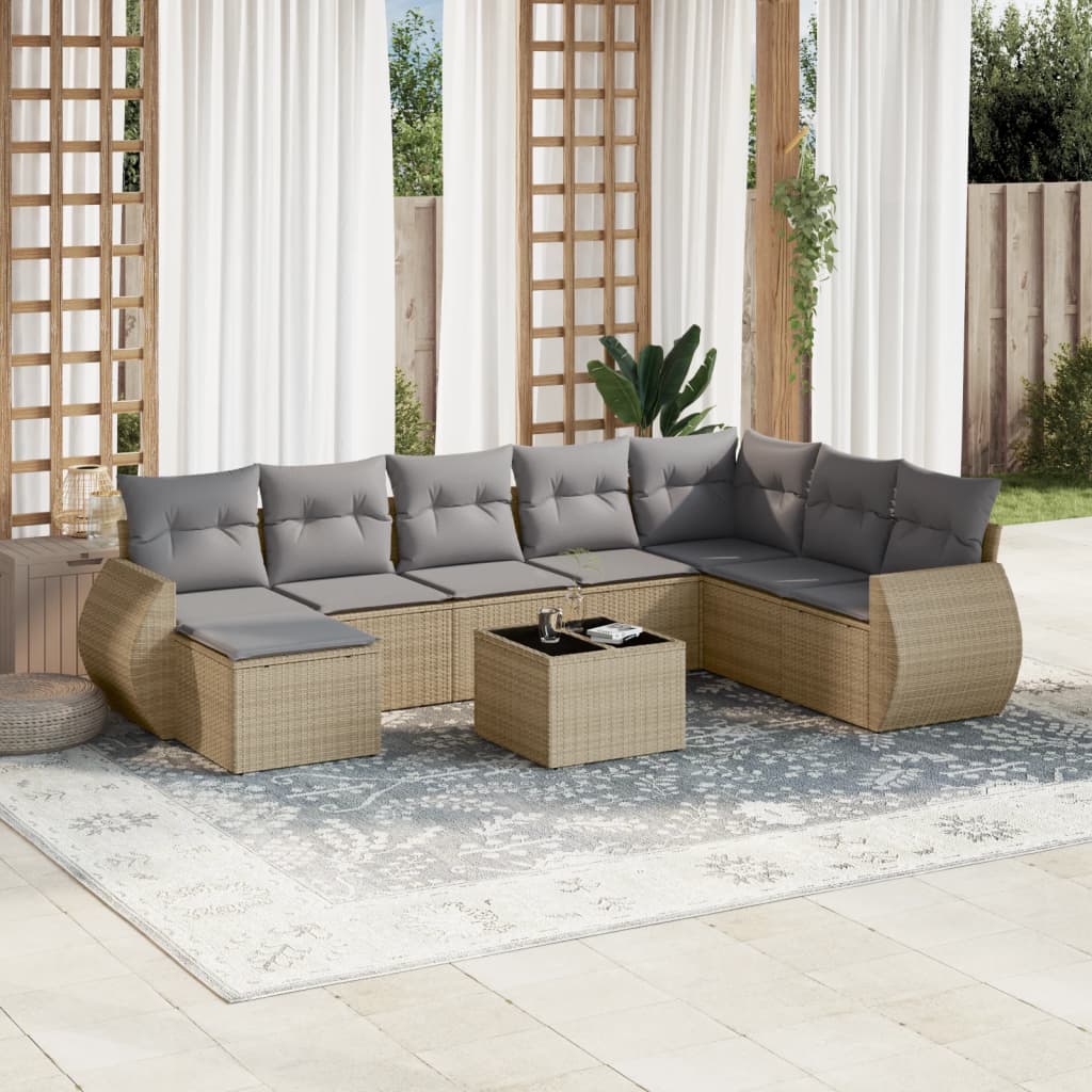 Set Divano da Giardino 9 pz con Cuscini Beige in Polyrattan - homemem39