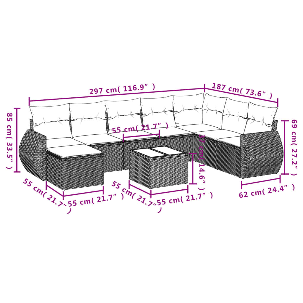 Set Divano da Giardino 9 pz con Cuscini Grigio in Polyrattan - homemem39