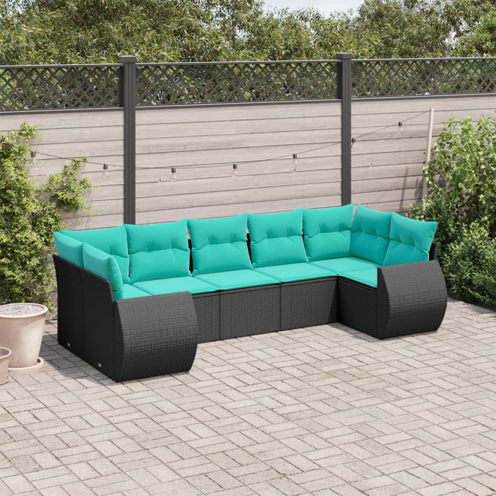 Set Divani da Giardino 7 pz con Cuscini Nero in Polyrattan