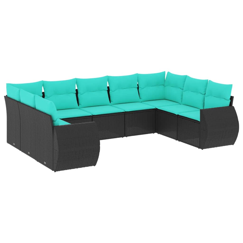 Set Divani da Giardino 9 pz con Cuscini Nero in Polyrattan